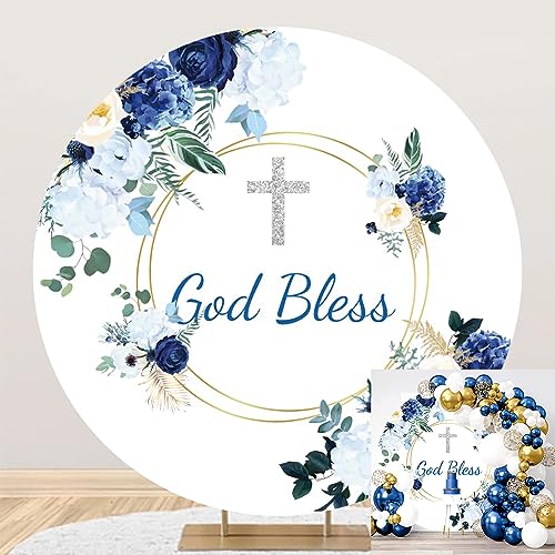 TTQYFNM 6x6ft God Bless Round Backdrop Cover Polyester Mi Baptism Blue Flowers Silver Cross Photography Background for Boys Baby Shower First Holy Communion Christening Party Banner Supplies by TTQYFNM - Used condition - US$11.68