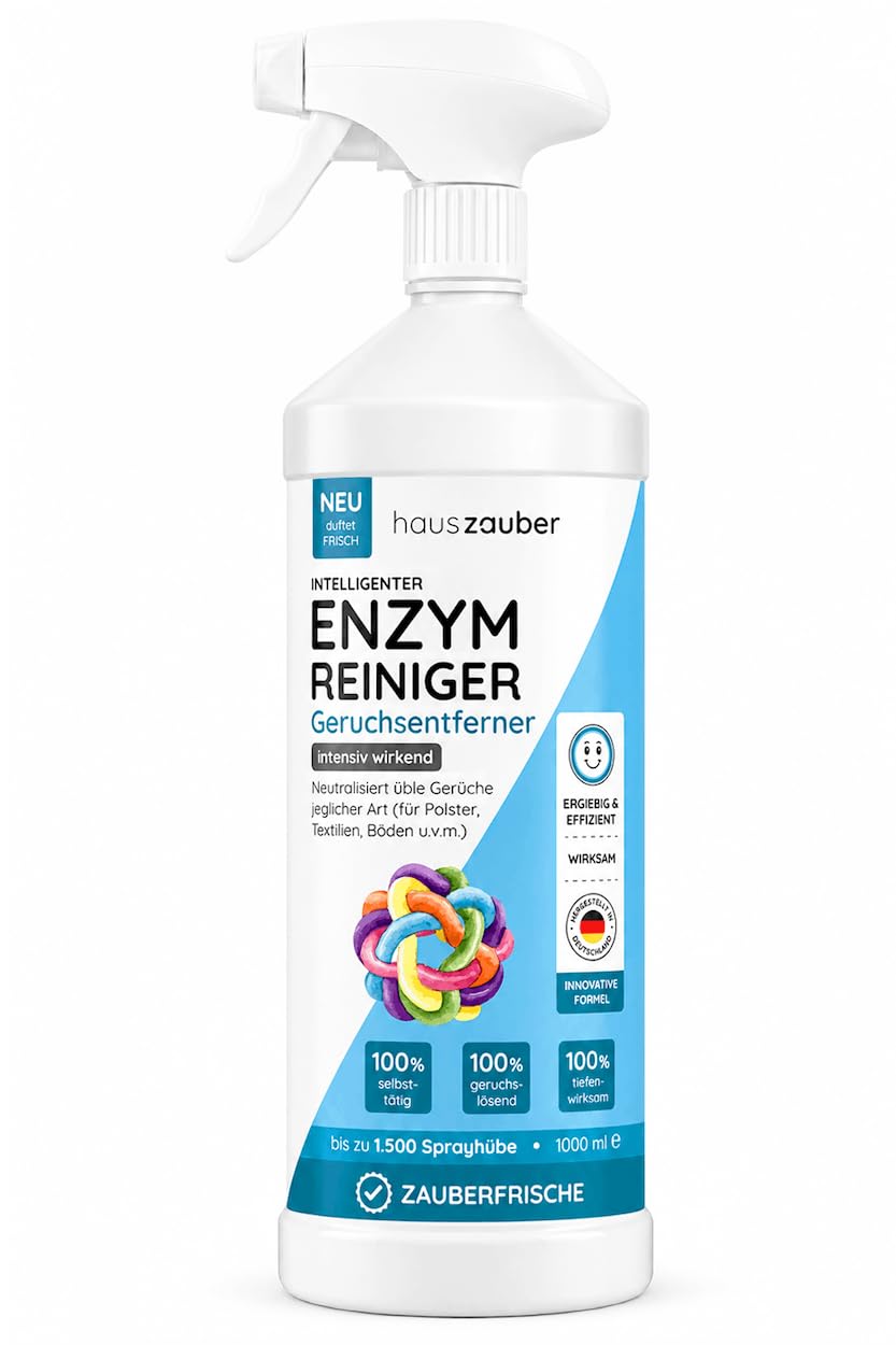 hauszauber - Enzymreiniger [STARKER GERUCHSENTFERNER] 1000 ml - Gegen Katzenurin, Hundeurin etc. - Üble Gerüche aus Sofa & Teppich entfernen - Geruchsneutralisierer