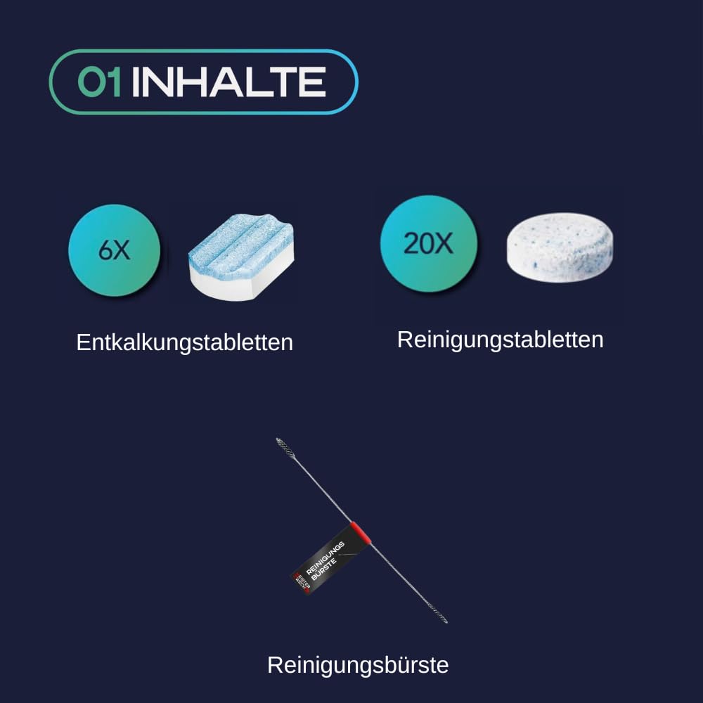 Pflegeset für Siemens Kaffeevollautomaten: Reinigungstabletten (2x 10 St.), Entkalkungstabletten (2x 3 Stk.) und MEISTERZWECK4U Reinigungsbürste