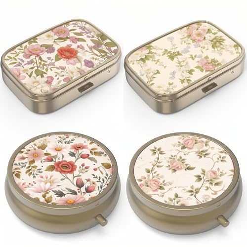 Image of Pill Organizer Pill Box with Mirror Retro Small Pill Case for Purse or Pocket Bronze Pill Box or Vitamins, Fish Oil, Supplements, Pill Containe Travel Gifts(4PCS-Retro Floral)