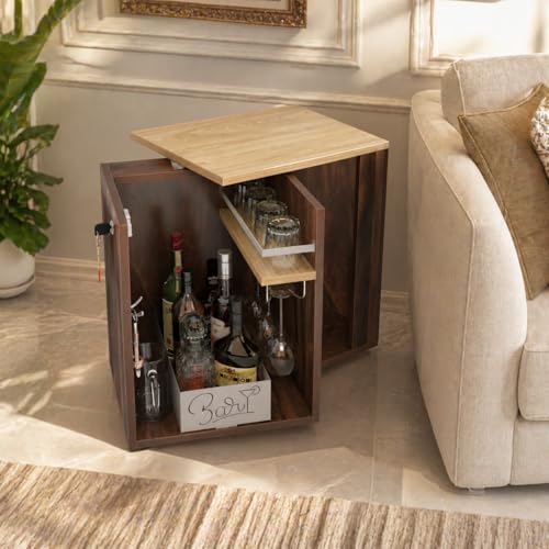 Image of Studio Kook Classic Mini Bar - 360 Revolving Wooden Home Bar Cabinet with Lock, Stainless Steel Glass Holder, Delivered Preassembled (Junglewood, Matte Finish)