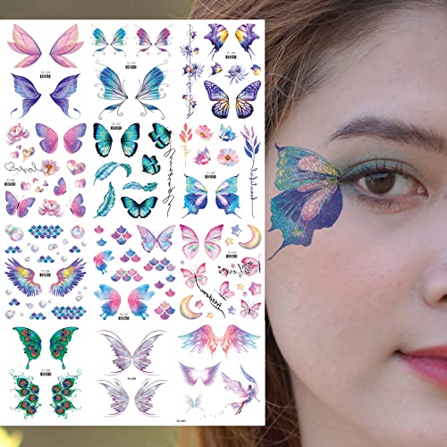 Glitter Butterfly Temporary Tattoos Stickers For Girls, Waterproof Body Stickers Fairy Wings Flowers Waterproof Fake Tattoo Decorations For Kids Women Face Makeup Birthday Party Favors Goodie #TOP6