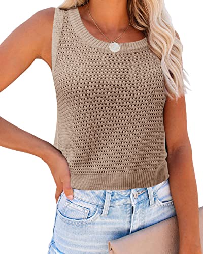 FISACE Womens Summer Knit Sweater Tank Tops Round Neck Crochet Hollow Out Sleeveless Casual Crop Shirt