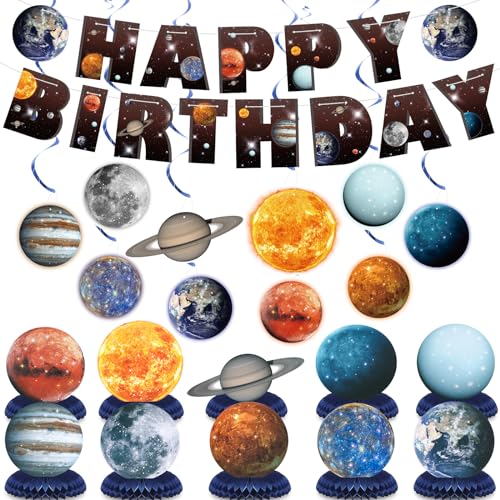 Eersida 21 Pcs Space Galaxy Birthday Decorations Space Themed Party Supplies Include Pre Assembled Happy Birthday Banner Solar System Hanging Swirls Planet Honeycomb Centerpiece for Kids Home School