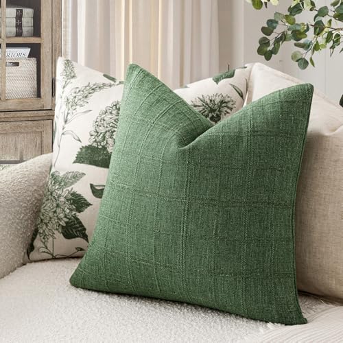 Image of Foindtower Set of 1 Decorative Linen Check Throw Pillow Cover Neutral Farmhouse Vintage Cushion Cover Modern Boho Accent Home Decor for Sofa Chair Couch Bedroom Living Room,18x18 Inch,Forest Green