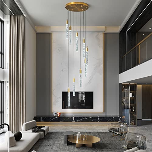 Image of 9-Light Modern Living Room Chandelier Gold Brass Finish Crystal Ceiling Pendant Lights LED Dimmable 54W 6000K Staircase Large Chandeliers for Entryway Lobby Foyer High Ceiling Chandeliers