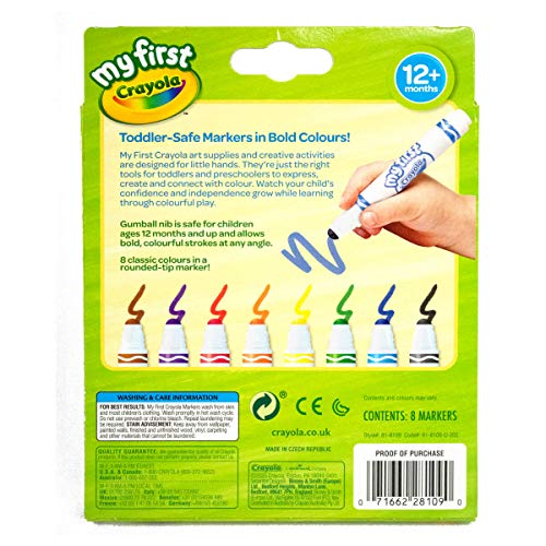 CRAYOLA MyFirst Washable Markers - Assorted Colours (Pack of 8) | Easy-Grip Markers Ideal for Toddlers Hands | Ideal for Kids Aged 12+ Months