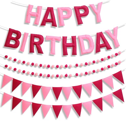 6.3 Inch Large Felt Happy Birthday Banner - Pre-Strung Pink Fabric Birthday Garland, Reusable Happy Birthday Sign for Girls Women Party Decorations (Pink) by GCEOSINI - Used condition - US$16.14