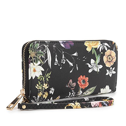 Dasein Woman Wallet Purse Zip Around Clutch Bag Phone Case with Wrist Strap Multiple Card Holders(Black Flower)2