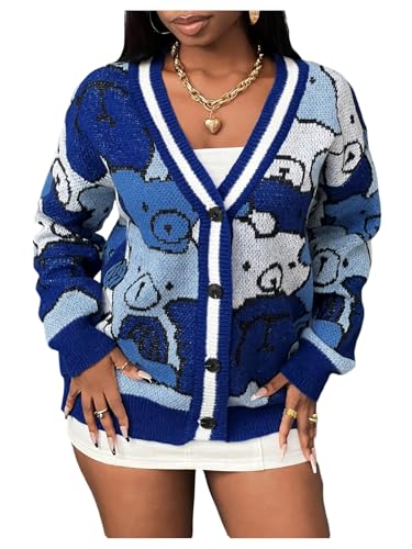 Floerns Women's Button Up Cartoon Cardigan Sweater V Neck Long Sleeve Loose Knitwear