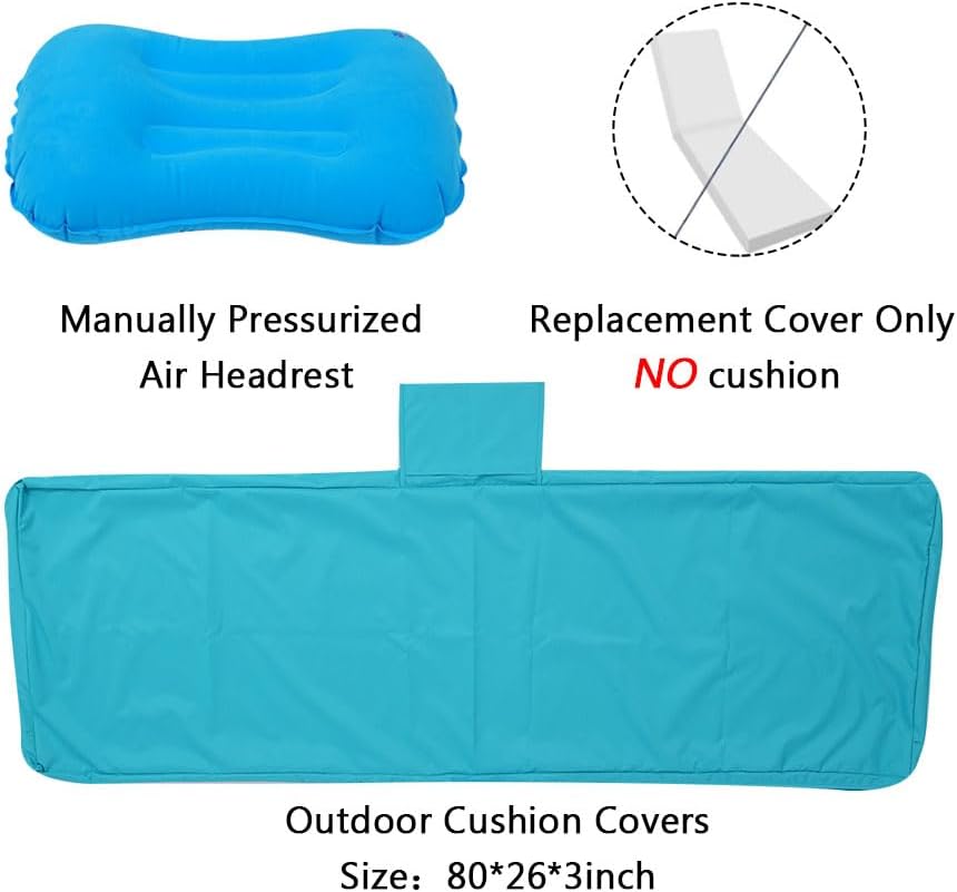 Replacement Cover for Outdoor Chaise Lounge Cushion (Cover Only), Waterproof, 80 x 26 x 3 Inch, with Side Pockets & Inflatable Headrest – Patio Lounger Chair Cushion Cover (Sky Blue)