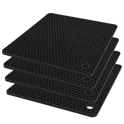 4 Stück Silikon Topflappen 18x18cm Topfuntersetzer Hitzebeständig 200 rutschfest Verdickt 0 6cm für Töpfe/Teekannen/Schüsseln Spülmaschinenfest Schwarz