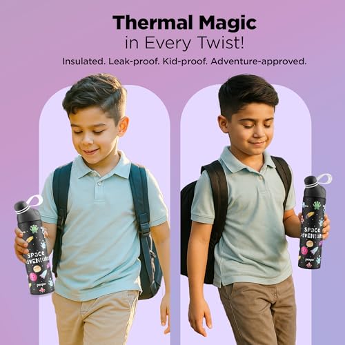 Image of Go24 pexpo Water Bottle for School Kids, ISI Certified Stainless Steel Sipper Bottle for Kids 470ml (Pack of 2) | Hot & Cold Thermos Insulated Water Bottle|6+ Years Kids|Pico 500 - Black - Space