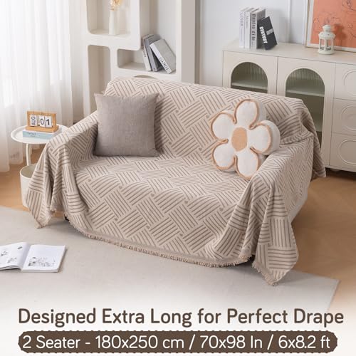 Image of HOKIPO 320 GSM Chenille Sofa Throw Blanket for 2 Seater Sofa - Printed All-Season Sofa Cover, 'Serene Abode Series' Beige Geo Weave (180x250 cm) (AR-6632-D7)