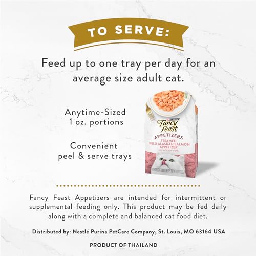 Purina Fancy Feast Appetizers Alaskan Salmon Food Topper, 10 Ct, 1.1 oz | Grain free lickable, flaked wild-caught fish complement in a delicate broth, served in a convenient peel-and-serve tray - image 7