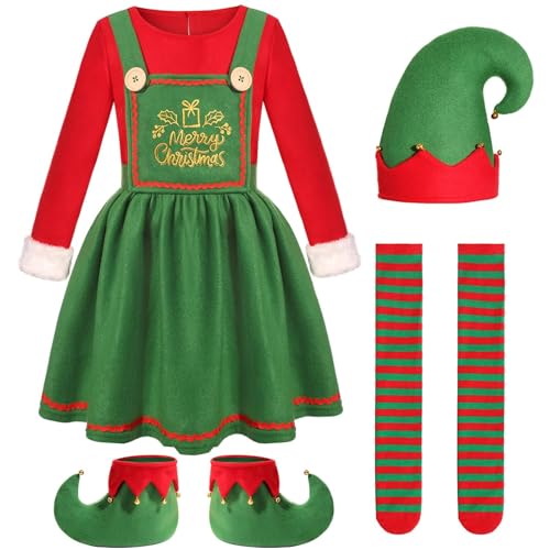 Disfraz de duende navideño, disfraz de elfo navideño, disfraz de elfo de Navidad, para carnaval, fiesta, niña, cosplay, ropa con falda, sombrero, calcetines conjunto completo con gorro, rojo, 6-7 Años