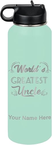 Miniatura 74 de LaserGram Botella de agua personalizada, el tío más grande del mundo, acero inoxidable de doble pared aislada al vacío con popote superior, regalo