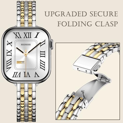 MioHHR Slim Metal Bands Compatible with Apple Watch Bands for Women 49mm 46mm 45mm 44mm 42mm (Series 3/2/1), Stainless Steel Strap Bands for iWatch Series 11 10 9 8 7 6 5 4 3 2 1 SE3/2/1 Ultra 3/2/1, Silver/Gold by MioHHR - Image 3