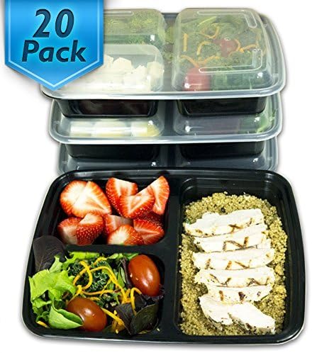 [20 Pack] 3 Compartment Meal Prep Containers BPA Free Portion Control Bento Boxes (39 Oz.)