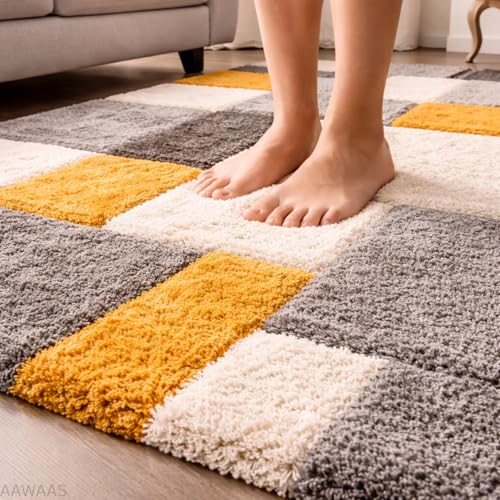 Image of Xenluxe 3D Shaggy Polyester Carpet Rug Runner Area Mats for Bedroom /Living Area /Home with Anti Slip Backing Soft /Fluffy Hight Pile - (3D Yellow B, 1.5x4 feet)
