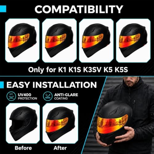 Image of PSLER Shatterproof Helmet Visor for K1 K1S K3SV K5 K5S,Deep Gold Red | Impact-Resistant ,UV400 Protection, Motorcycle Tinted Face Shield for K1 K1S K3SV K5 K5S ,Visor Replacement