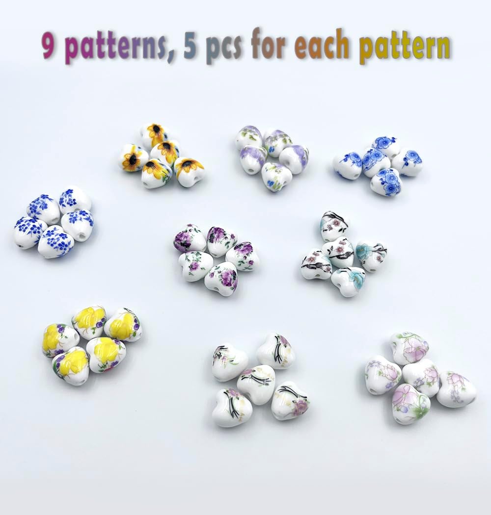 45Pcs Heart Shaped Porcelain Beads for Jewelry Making, 13x12mm Flower Printed Ceramic Spacer Beads for Handmade Crafts, Bracelets, Necklace (Pack of 2)