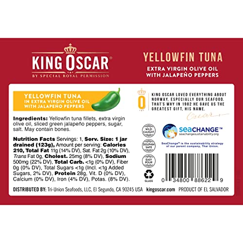 King Oscar Yellowfin Tuna Fillets in Extra Virgin Olive Oil, Jalapeño Peppers, 6.7-Ounce Glass Jars (Pack of 6) - Thumbnail 2