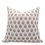 Fabritual Pure Linen White Handmade Elegant Block Floral Print 26x26 Inches Throw Pillow Cover with Hidden Zipper Decorative for Sofa, Couch, Living Room, Bedroom (Multicolour-Bheeshma)