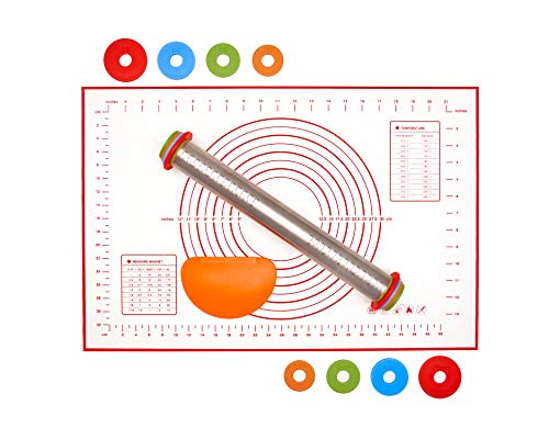 Adjustable Rolling Pin, Stainless Steel Rolling Pin for Baking, Silicone Baking Pastry Mat Set, Dough Roller and Flexible Bowl Scraper, Rolling Pin for Baking Dough, Pizza, Fondant, Cookies, Pie