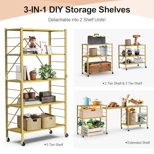 Image of Himix 5-Tier Storage Shelf with Wheels Foldable Expandable Adjustable Gold | Folding shelving units, Metal collapsible organization, Changeable into 2 shelf units, Basement, Kitchen, Holds 2400 Ibs