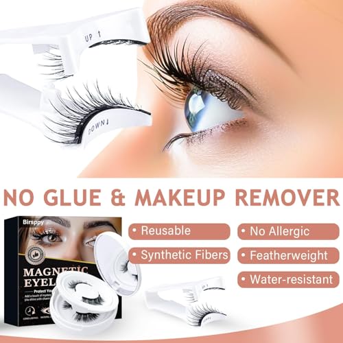 No Glue Magnetic Lashes – 4 Pairs Reusable False Eyelash Kit with Applicator, Ultra-Lightweight & Natural 3D Volume, Easy to Apply