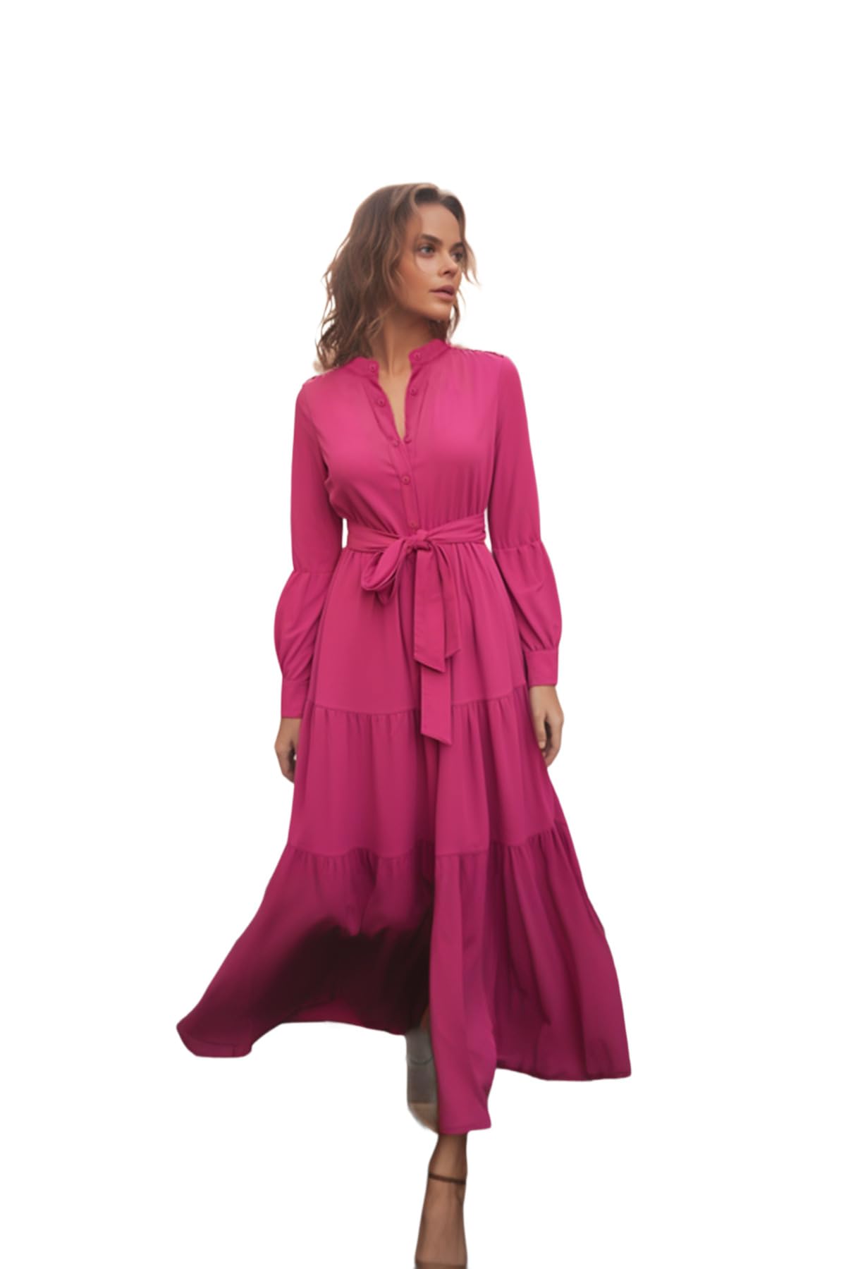 TRENDYOL Women's Dark Pink Woven Dress with Belt and Large Collar and Buttons Casual Dress, Pink, 12