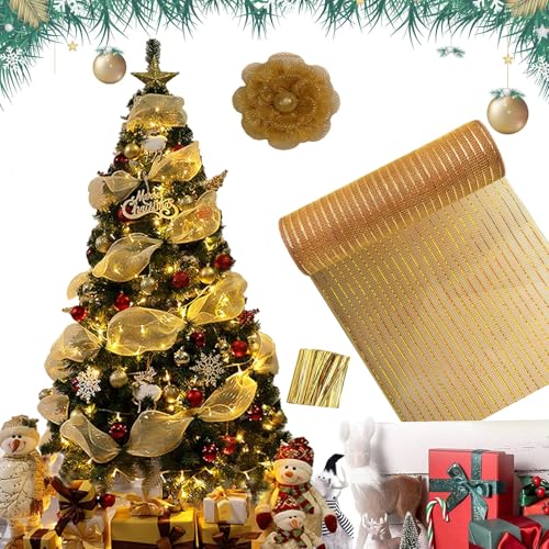Guirnalda Decorativa Navideña, Guirnalda para Árbol De Navidad, Cinta De Malla De Lámina Dorada, Decoración De Jardín con Barandilla para Fiesta De Bodas De Pascua, 26 Cm X 9,14 M, Color Champán