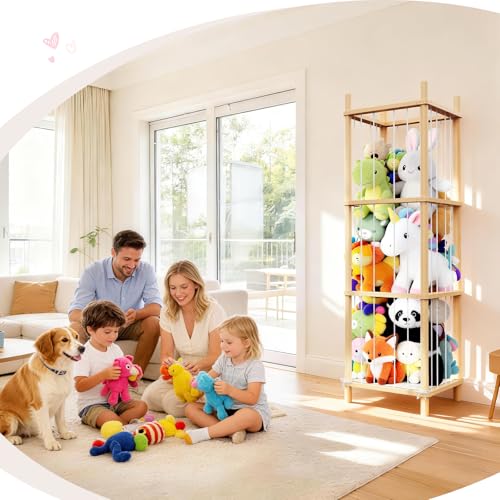Image of Stuffed Animal Storage & Toy Organizer 3 Layers 54 in Wooden Toy Holder | Large Natural Pine Plushies with Elastic Bands & Mesh Net Space aving Design for Toddler Rooms, Playrooms & Bedrooms