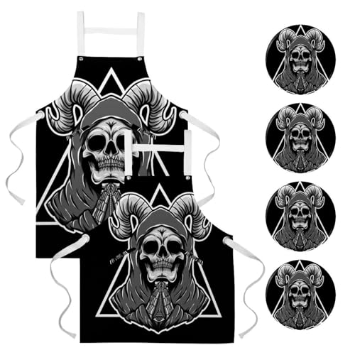 Lot de 2 tabliers de cuisine avec 4 broches à motif crâne multicolore pour bistrot
