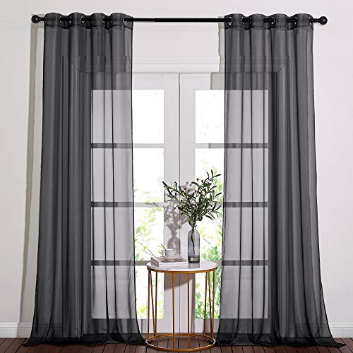 Image of NICETOWN Black Sheer Curtains 90 inches Long, Grommet Voile Textured Hazy Sheer Window Treatments Privacy with Light Filtering for Halloween, W54 x L90, 2 Panels