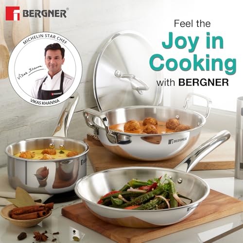 Image of Bergner TriPro 4 Pcs Tri-Ply Stainless Steel Induction Bottom Cookware Set - 22cm (2L) Kadai and 22cm (1L) Frypan with Common Stainless Steel Lid, 14cm (1L) Teapan, Less Oil Use, Easy to Clean