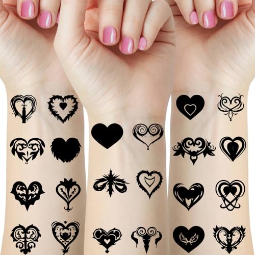Silhouette Heart Temporary Tattoos - 12 Sheets of Black & White Minimalist Love Tattoos for Women, Men, Couples - No Needle Valentine's Body Art for Dates, Weddings & Celebrations