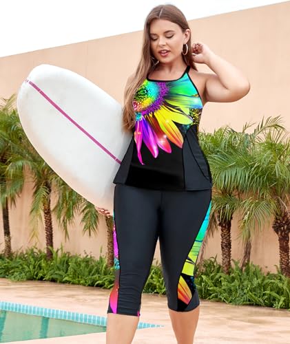Image of LALAGEN Womens 2023 Plus Size Tankini Swimsuit Rash Guard Capris Athletic Two Piece Swimwear Bathing Suit S-5X