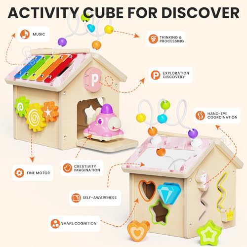 Image of 9-in-1 Wooden Activity Cube, Montessori Baby Activity Center Toys for 1+ Year Old Boys & Girls, Unicorn Theme Baby Cube with Car Toys & Shape Sorter, Educational Toy for Toddlers, Ideal Baby Gift