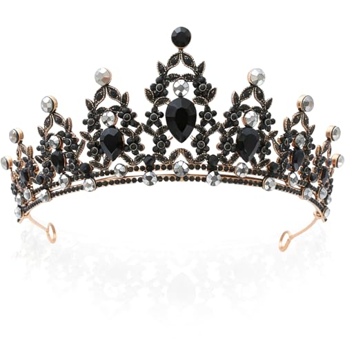 Benaton Tiara corona de reina negro, Corona vintage de cristal, Diademas barrocas vintage con brillantes diamantes de imitación, Princesa Pelo Corona de Cristal Negro Tiara de Boda
