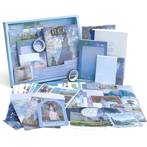 Image of The AutoStory Beautiful Scrapbook Album Kit A6 Junk Journal Aesthetic Stickers Patterned Papers Washi Tape DIY Craft Art Diary Embellishment Women Present Teens Girls (Morning Breeze, Blue)