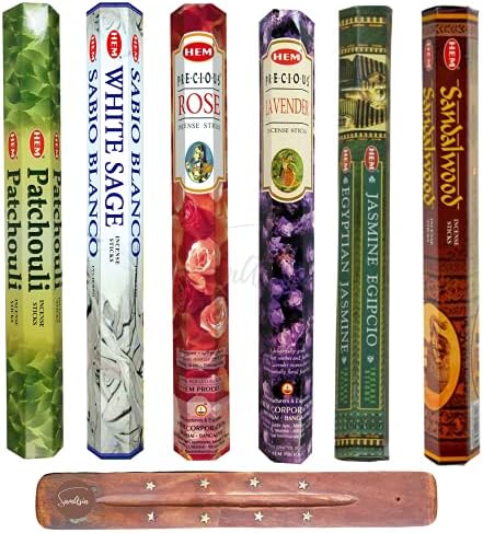 HEM Incense Sticks - 6 unique and premium flavours - Patchouli, White Sage, Precious Rose, Precious Lavender, Egyptian Jasmine and Sandalwood with SAMASIA incense holder
