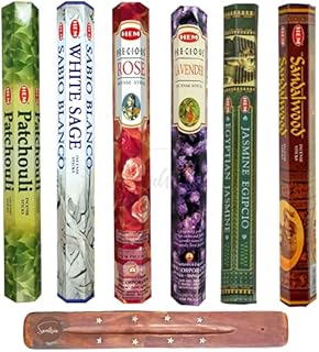 HEM Incense Sticks - 6 unique and premium flavours - Patchouli, White Sage, Precious Rose, Precious Lavender, Egyptian Jasmine and Sandalwood with SAMASIA incense holder