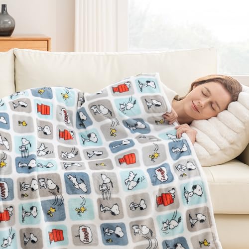 Image of Berkshire Blanket Peanuts VelvetLoft Cute Character Snoopy Plush Throw Blanket,Peanuts Snoopy Woof Blue,Throw 55 in x 70 in (Official Peanuts Product)