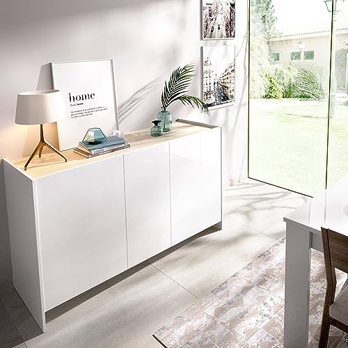Dmora - Credenza Calino, Buffet da soggiorno, Madia moderna da salotto a 3 ante, 138x42h76 cm, Bianco e Rovere