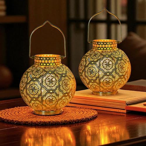 TRIROCKS Set of 2 Moroccan Style Metal Table Lamp 7'' High Battery Powered Cordless Lamp with LED Fairy Lights Bulb Perfect for Home Living Room Parties Tabletop Indoors(Gold) by TRIROCKS - Used condition - Image 6