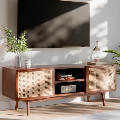 Image of MISAN Modern TV Table | Solid Sheesham Wood Sideboard TV Unit for Living Room, Bedroom, Office Furniture Stand | Wooden Free Standing Entertainment Unit Side Board Table with Storage (E-Hony)