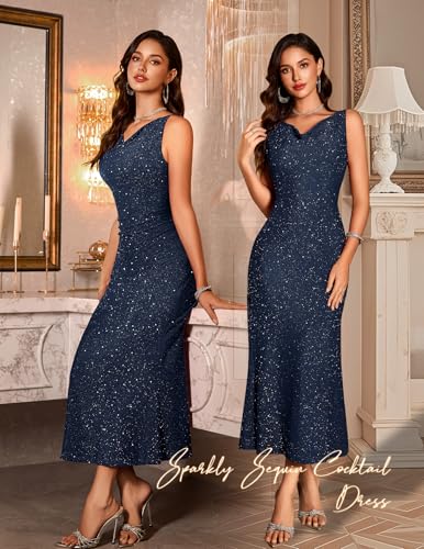 BeryLove Sequin Formal Sparkly Homecoming Gowns Evening Party Cocktail Bodycon Midi Wedding Guest Dresses Long Sparkle Sleeveless Prom Ruched Cowl Neck Dress 0035 Navy L4
