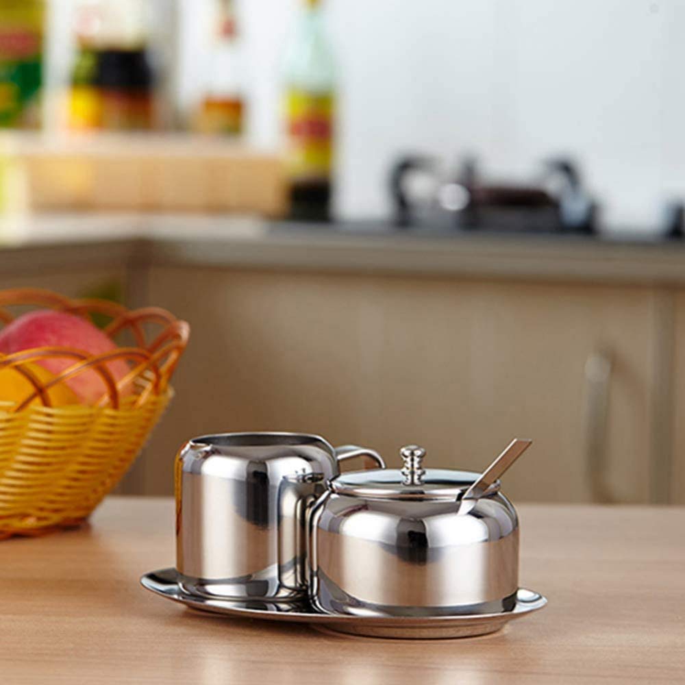 Azucarero de acero inoxidable con juego de leche y azúcar, tarro de azúcar pequeño con cuchara para el hogar, la cocina, el hotel y las cafeterías, 3 partes, plateado